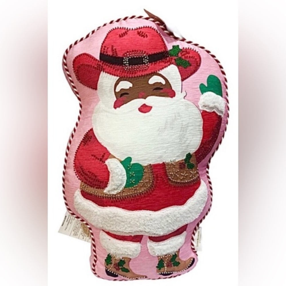 The Lux Santa Claus Holiday Pillow - Pink and Red Cowboy Santa African American